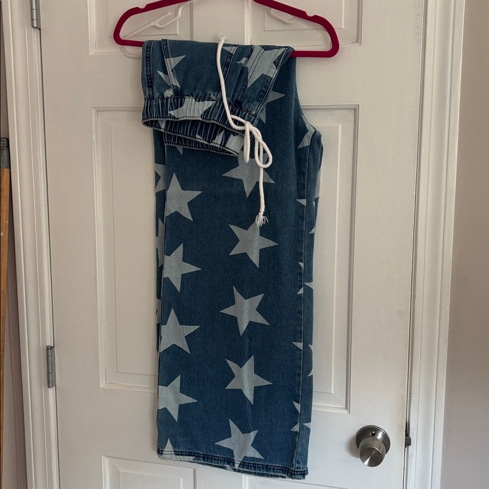 Star Patterned Wide Leg Denim Jeans